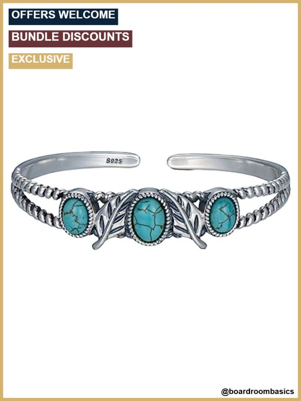 925 Sterling Silver Turquoise Cuff Bracelet, Feather Boho Cuff